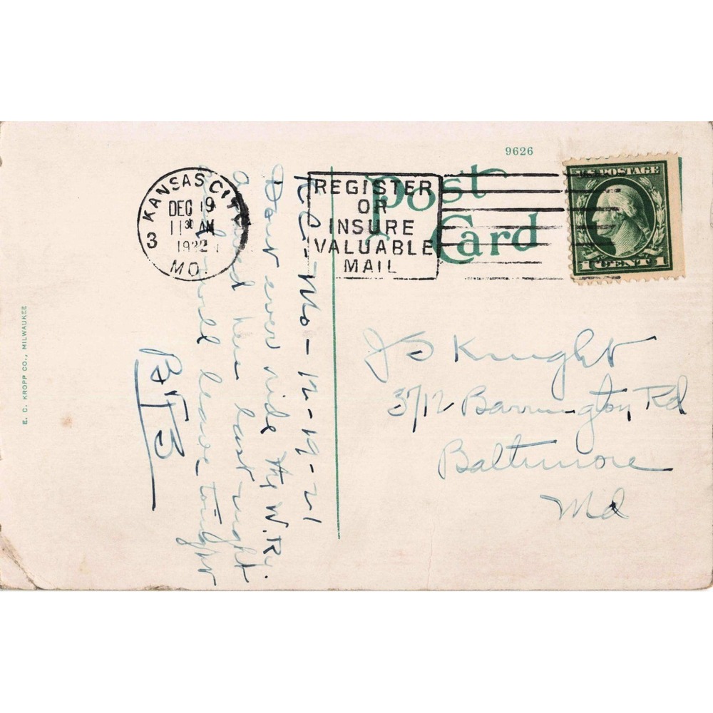 Vintage Hotel Muehlebach Kansas City MO Postcard 1922 Postmark E.C. Kropp Co. - Picture 2 of 2